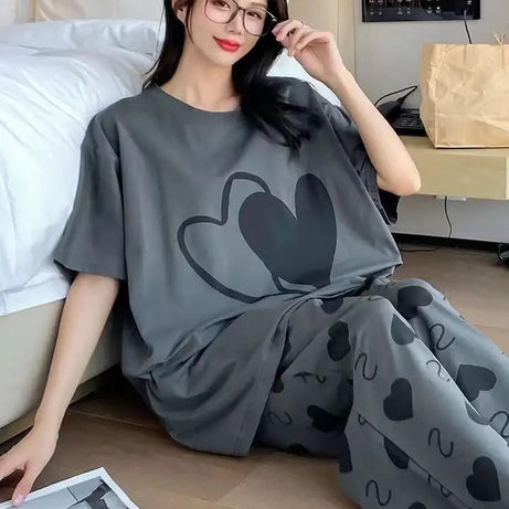 Grey with Black Heart Printed Tshirt and Trouser For Her - Oshi.pk - Buy & Sell Online