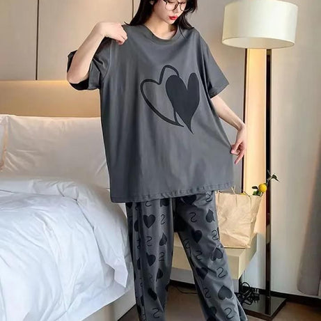 Grey with Black Heart Printed Tshirt and Trouser For Her - Oshi.pk - Buy & Sell Online