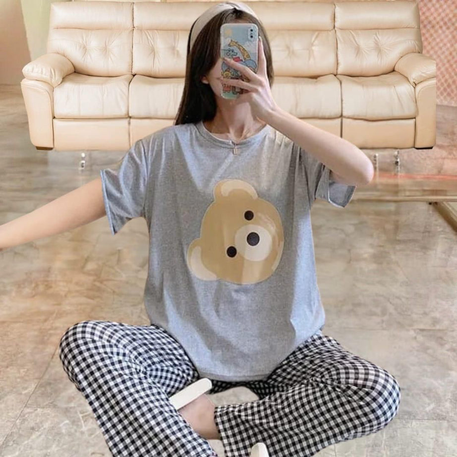 Grey Micky Half Sleeves Tshirt and Check Trouser For Her - Oshi.pk - Buy & Sell Online