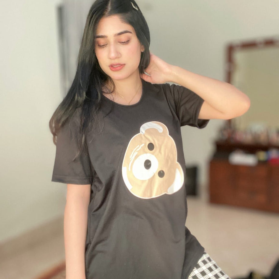 Black Bear Half Sleeves T-shirt With Check Printed Trouser Suit - Oshi.pk - Buy & Sell Online