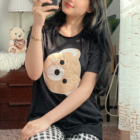 Black Bear Half Sleeves T-shirt With Check Printed Trouser Suit - Oshi.pk - Buy & Sell Online