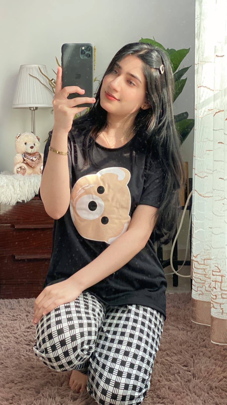 Black Bear Half Sleeves T-shirt With Check Printed Trouser Suit - Oshi.pk - Buy & Sell Online