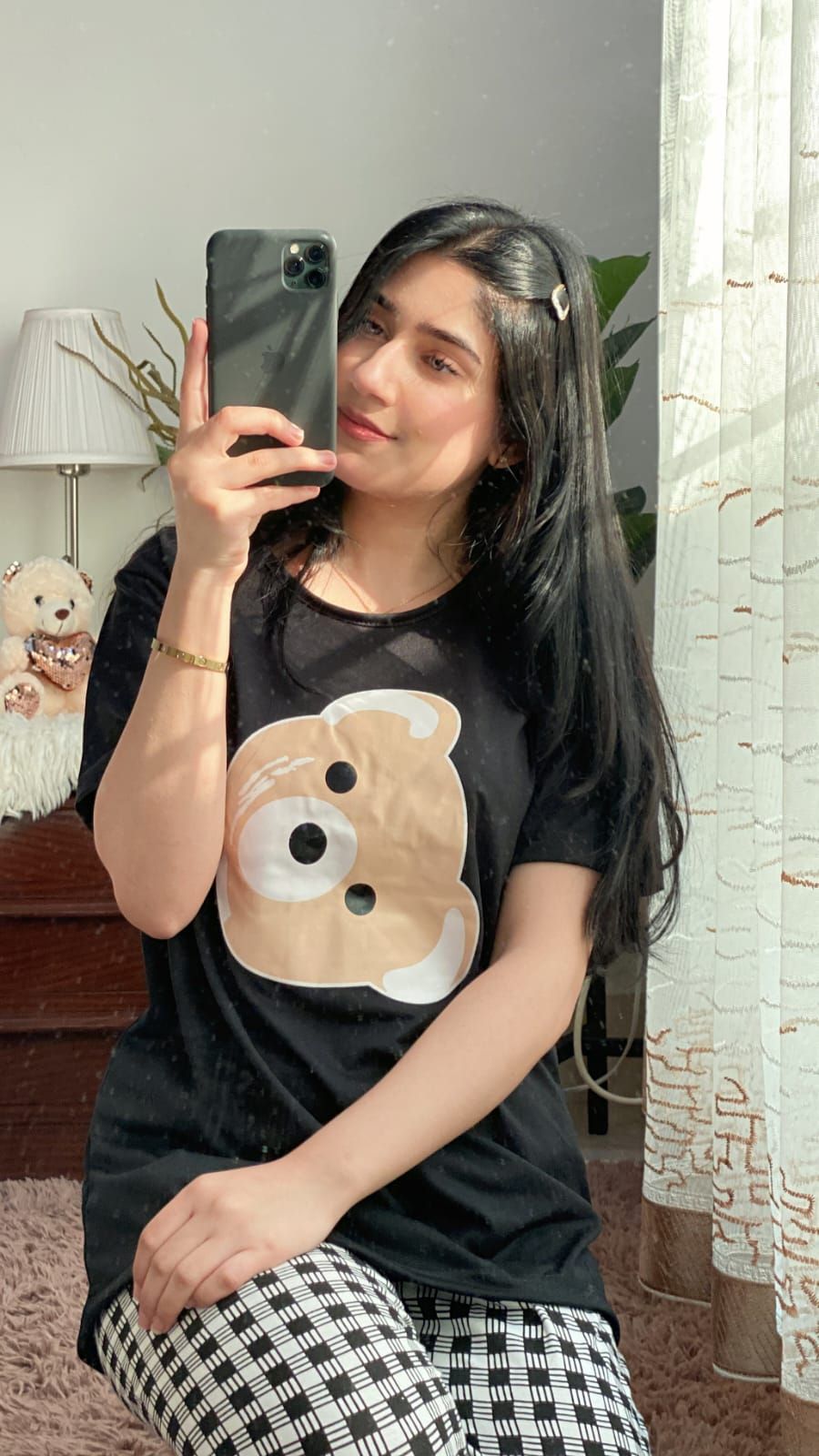 Black Bear Half Sleeves T-shirt With Check Printed Trouser Suit - Oshi.pk - Buy & Sell Online