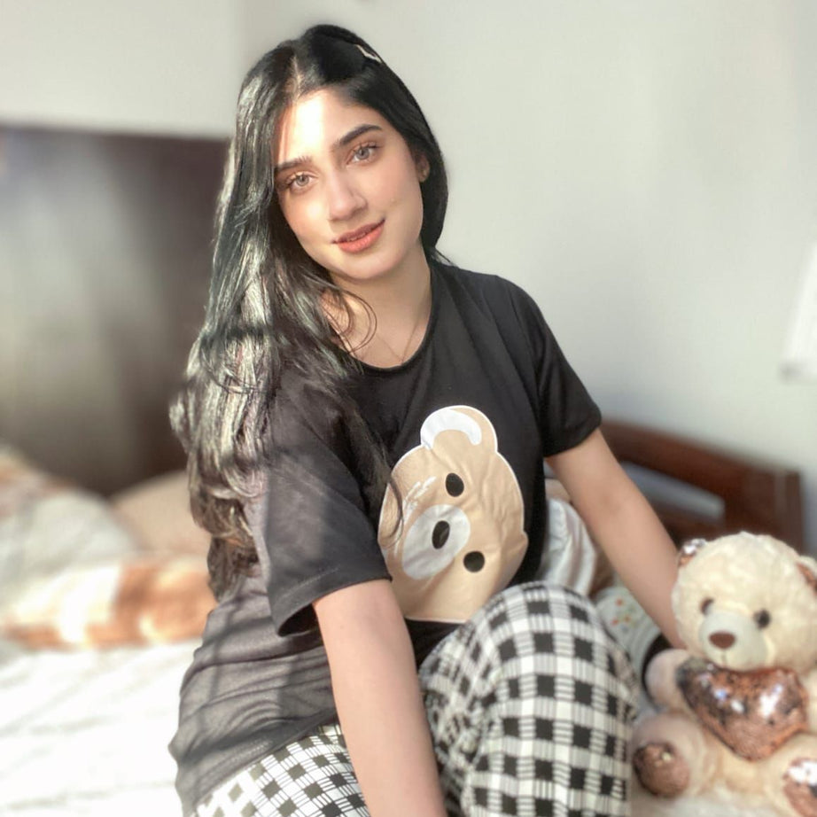 Black Bear Half Sleeves T-shirt With Check Printed Trouser Suit - Oshi.pk - Buy & Sell Online