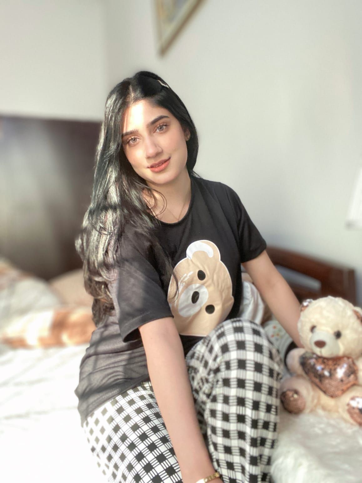 Black Bear Half Sleeves T-shirt With Check Printed Trouser Suit - Oshi.pk - Buy & Sell Online