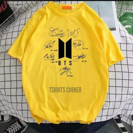 Yellow T Shirt for women n girls Trendy Summer collection in stylish New Signature Bts printed round neck half sleeves BTS Lovers T shirt - Oshi.pk - Buy & Sell Online