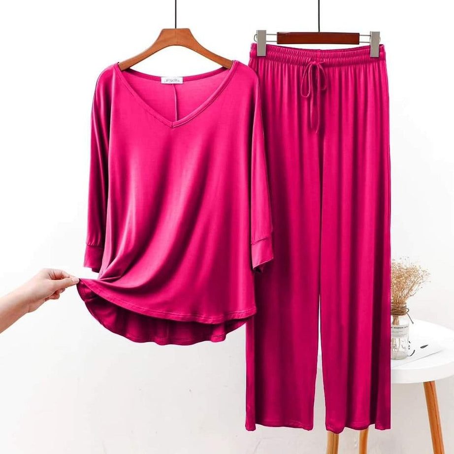 Shocking Pink V Neck with Plazao Full Sleeves Home Wear - Oshi.pk - Buy & Sell Online