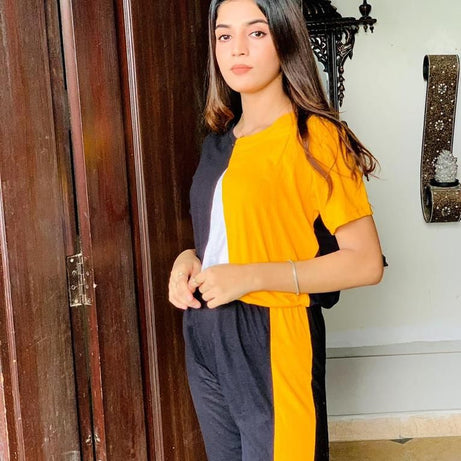 Yellow V Shape Panel Half Sleeves T Shirt with Panel Pajama Suit for her - Oshi.pk - Buy & Sell Online