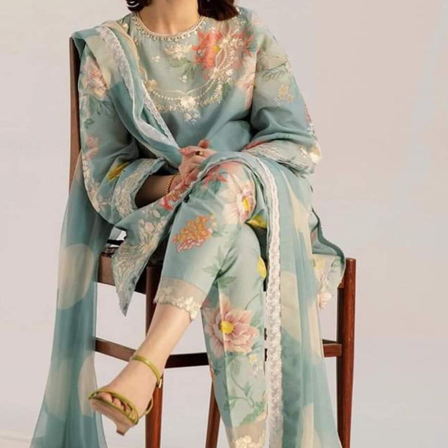 Zara Shahjahan Coco Lawn 3 PCS Women Unstitched Suit - Ice Blue - Oshi.pk - Buy & Sell Online