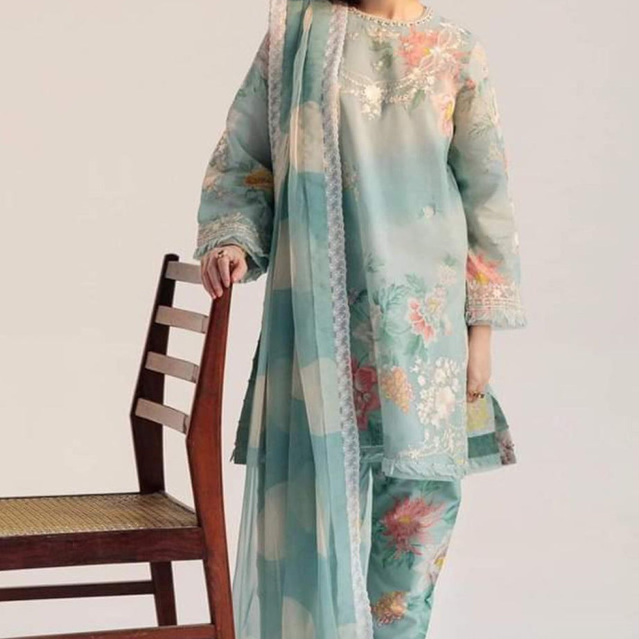 Zara Shahjahan Coco Lawn 3 PCS Women Unstitched Suit - Ice Blue - Oshi.pk - Buy & Sell Online