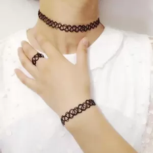 Fashion 3 in 1 Retro Tattoo Choker Stretch Necklace Women Girls Charm Punk Retro Gothic Elastic Wedding Gift (necklace+ring+bracelet)