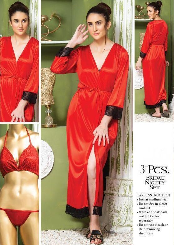 Buy Bridal Silk 3Pcs Nighty Red Color at Lowest Price in Pakistan