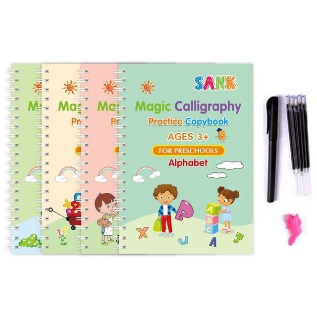 Magic Practice Copies book (4 BOOKS+10 INK REFILL) , Magic Book For  Montessori children Tracing Handwriting, First Learning Books for Kids