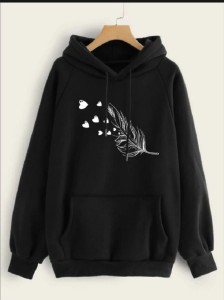 Leaf Printed Fleece Full Sleeves Pull Over Hoodie In Black For Women & Girls