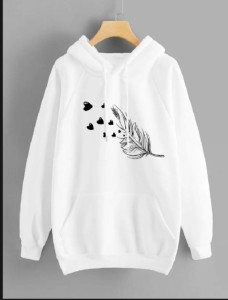 Leaf Printed Fleece Full Sleeves Pull Over Hoodie In White For Women & Girls