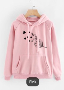 Leaf Printed Fleece Full Sleeves Pull Over Hoodie In Pink For Women & Girls