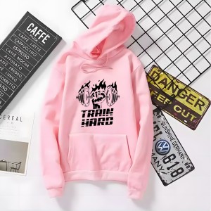 Amazing New Train Hard Printed Kangaroo Hoodie In Pink Pocket Drawstring Pullovers Clothing Long Sleeves Export Quality Winter Wear