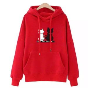 Cat Printed Pullover Red Hoodie For Women And Girls