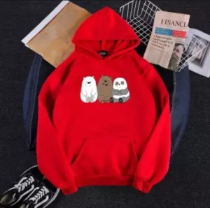 Cute Bear Printed Pullover Red Hoodie for Women