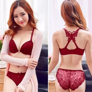 Embroidered Butterfly Back Fancy lace Underwire Push-up Everyday Bras Set (MAROON)