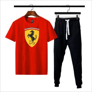 Ferrari Summer Tracksuit T Shirt and Black Trouser Gym wear New track Men's Clothing Summer Breathable and comfortable