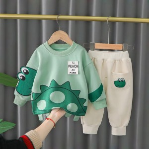 Green Dino Print Sweatshirt With Trouser Tracksuit For Kids