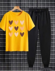 Hearts Tracksuit Summer T Shirt and Black Trouser Gym wear New printed track Women and Girl Clothing Summer Breathable and comfortable