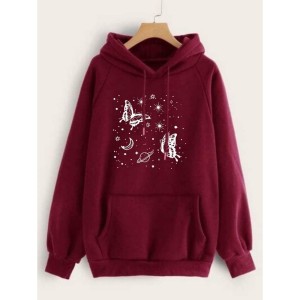 Hoodies For WOMEN & GIRL MOON STAR Printed Kangaroo Pocket Drawstring Pullovers Clothing Long Sleeves Export Quality Winter Wear