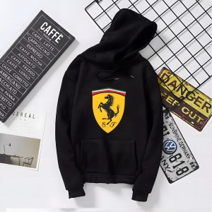 Huddie For Women & Girls Ferrari Printed Fleece Full Sleeves Pull Over Hoodie In Black