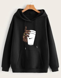 Huddie Hand with Cup Printed In black Hoodie Printed Kangaroo Hoodie Pocket Drawstring Pullovers Long Sleeves  Winter Wear