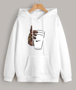 Huddie Hand with Cup Printed In White Hoodie Printed Kangaroo Hoodie Pocket Drawstring Pullovers Long Sleeves  Winter Wear