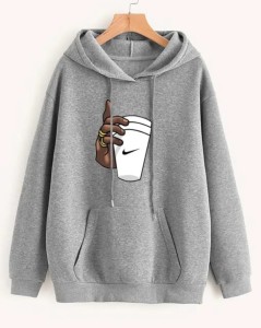 Huddie Hand with Cup Printed In Grey Hoodie Printed Kangaroo Hoodie Pocket Drawstring Pullovers Long Sleeves  Winter Wear