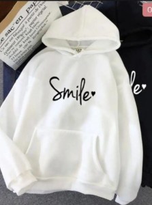 Smile Printed Fleece Full Sleeves Pull Over Hoodie In White For Women & Girls