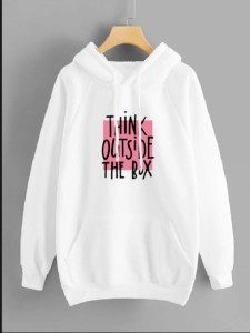 Think Outside The Box Printed White Fleece Full Sleeves Pull Over Hoodie Women & Girls=