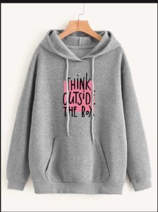 Think Outside The Box Printed Grey Fleece Full Sleeves Pull Over Hoodie In Grey For Women & Girls