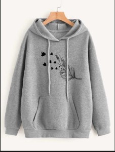 Leaf Printed Fleece Full Sleeves Pull Over Hoodie In Grey For Women & Girls