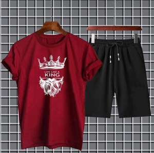 Live like a king Printed T-shirt And Shorts Summer Track Suit For Men Maroon