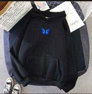 Multi butterfly logo Printed Fleece Full Sleeves Pull Over Hoodie In Black For Women & Girls