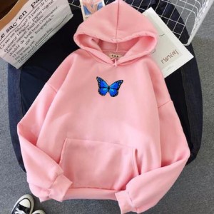 Multi butterfly logo Printed Fleece Full Sleeves Pull Over Hoodie In pink For Women & Girls