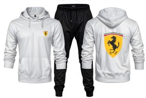 New Front Back Ferrari Printed White Hoodie and Black Trouser Tracksuit Winter Collection trendy fashion Gym Sports Outdoors Wear