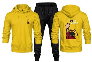 New Front Back One Piece Pirates Printed Yellow Hoodie and Black Trouser Tracksuit Winter Collection trendy fashion Gym Sports Outdoors Wear