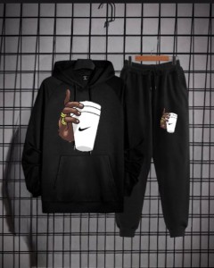 Tracksuit Black Huddie & Black Trouser Hand With Cup Printed Fleece Pocket Drawstring Winter Wear Smart Fit Hoody