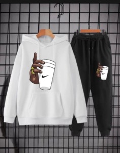 Tracksuit White Huddie & Black Trouser Trendy And Amazing Hand With Cup Printed Fleece Pocket Drawstring Winter Wear Smart Fit Hoody