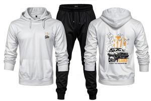 New Front Back Trendy Car Drift Printed White Hoodie and Black Trouser Tracksuit Winter Collection trendy fashion Gym Sports Outdoors Wear