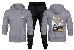 New Front Back Trendy Car Drift Printed grey Hoodie and Black Trouser Tracksuit Winter Collection trendy fashion Gym Sports Outdoors Wear