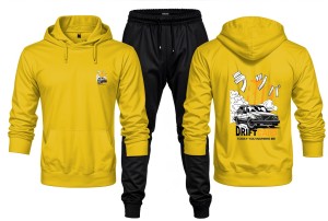 New Front Back Trendy Car Drift Printed Yellow Hoodie and Black Trouser Tracksuit Winter Collection trendy fashion Gym Sports Outdoors Wear