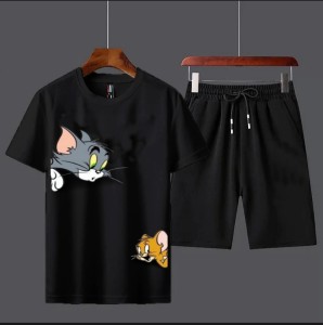 New Summer Tracksuit T Shirt and Black Shorts Gym wear New Tom and jerry printed summer track Men's Clothing Summer Breathable and comfortable