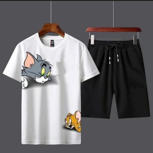 New Summer Tracksuit T Shirt and Black Shorts Gym wear New Tom and jerry printed summer track Men's Clothing Summer Breathable and comfortable