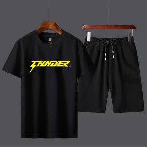 New Summer Tracksuit T Shirt and Black Shorts Gym wear New Thunder printed summer track Men's Clothing Summer Breathable and comfortable