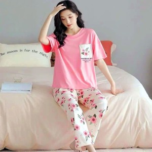 Pink Pocket Flower Printed Tshirt and Pajama Night Suit for Women